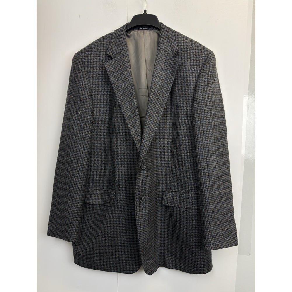 Chaps‎ 100% Wool Tweed Jacket Men's 44L Gray Blue Houndstooth Blazer Sport Coat